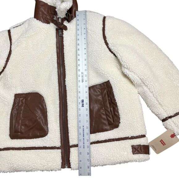 Levis Jacket WMNS 2X Cream Faux Sherpa Full Zip Brown Teddy Moto High Neck Cozy - Picture 3 of 15